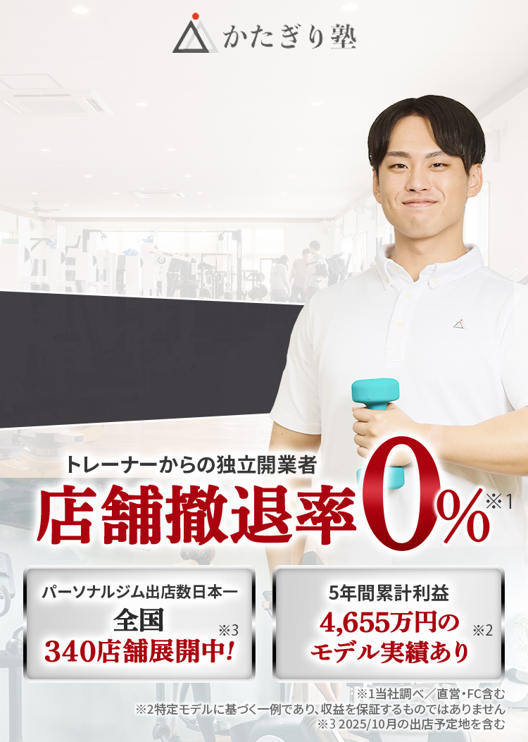 トレーナーからの独立開業者店舗撤退率0%。パーソナルジム出店数日本一！全国340店舗展開中・5年間累計利益4,655万円のモデル実績あり